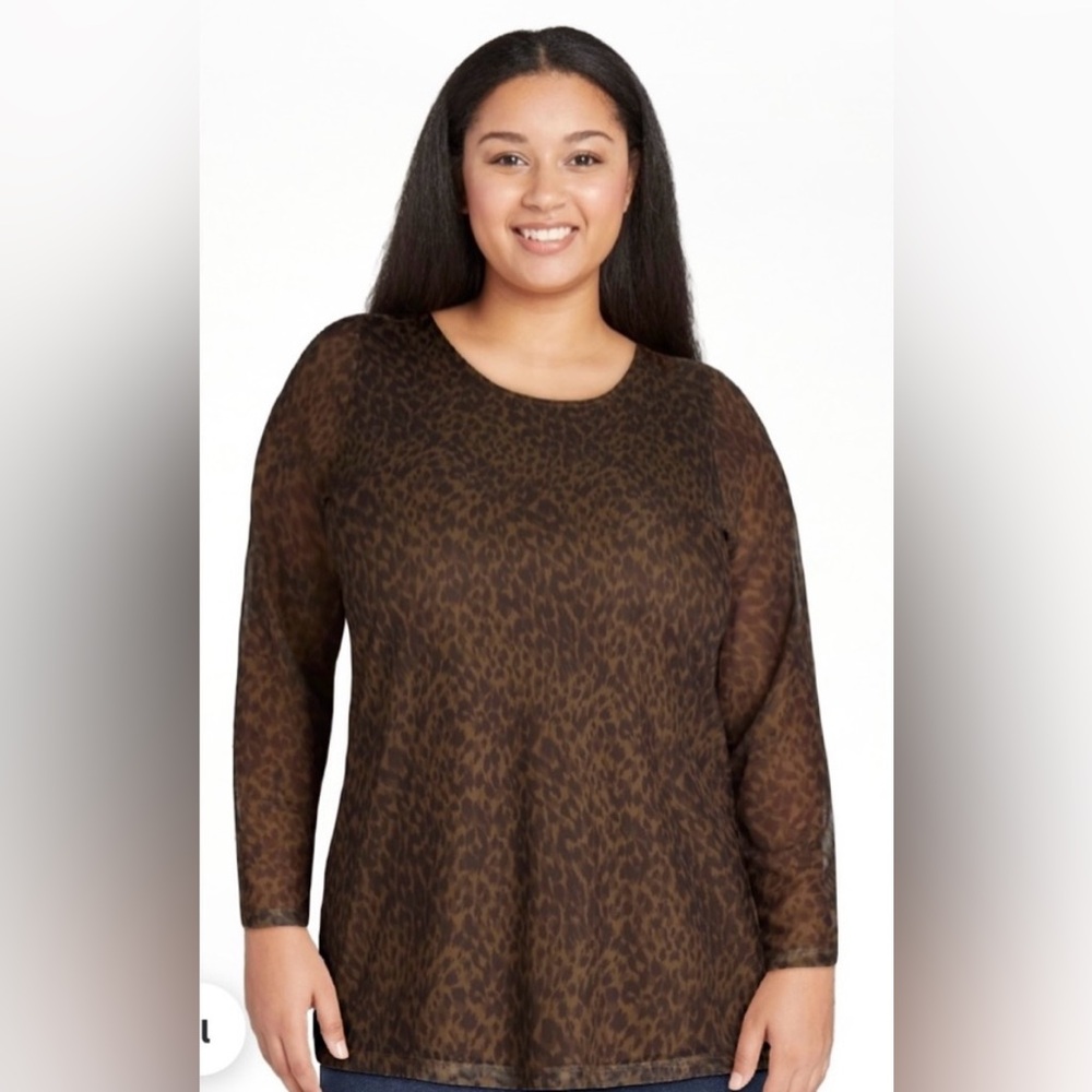 Terra & Sky Leopard Print Mesh Blouse Women’s Plus 0X NWT Sheer Top